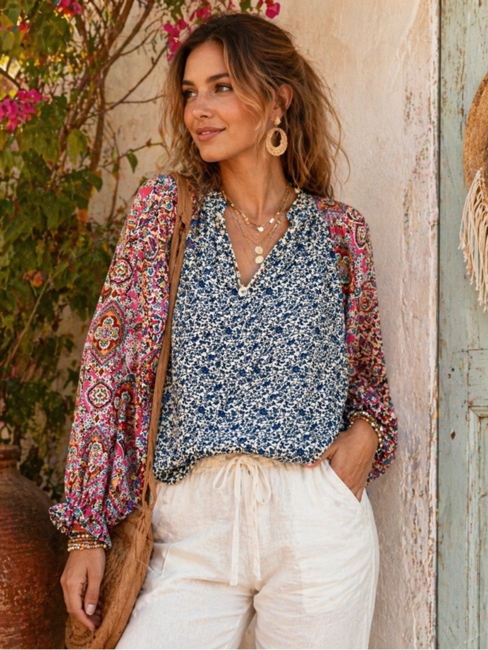 Floral Print V-Neck Women’s Top in Navy and Pink
